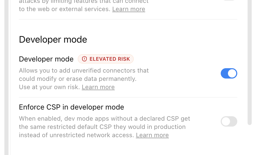 ChatGPT Security and login settings with Developer mode enabled