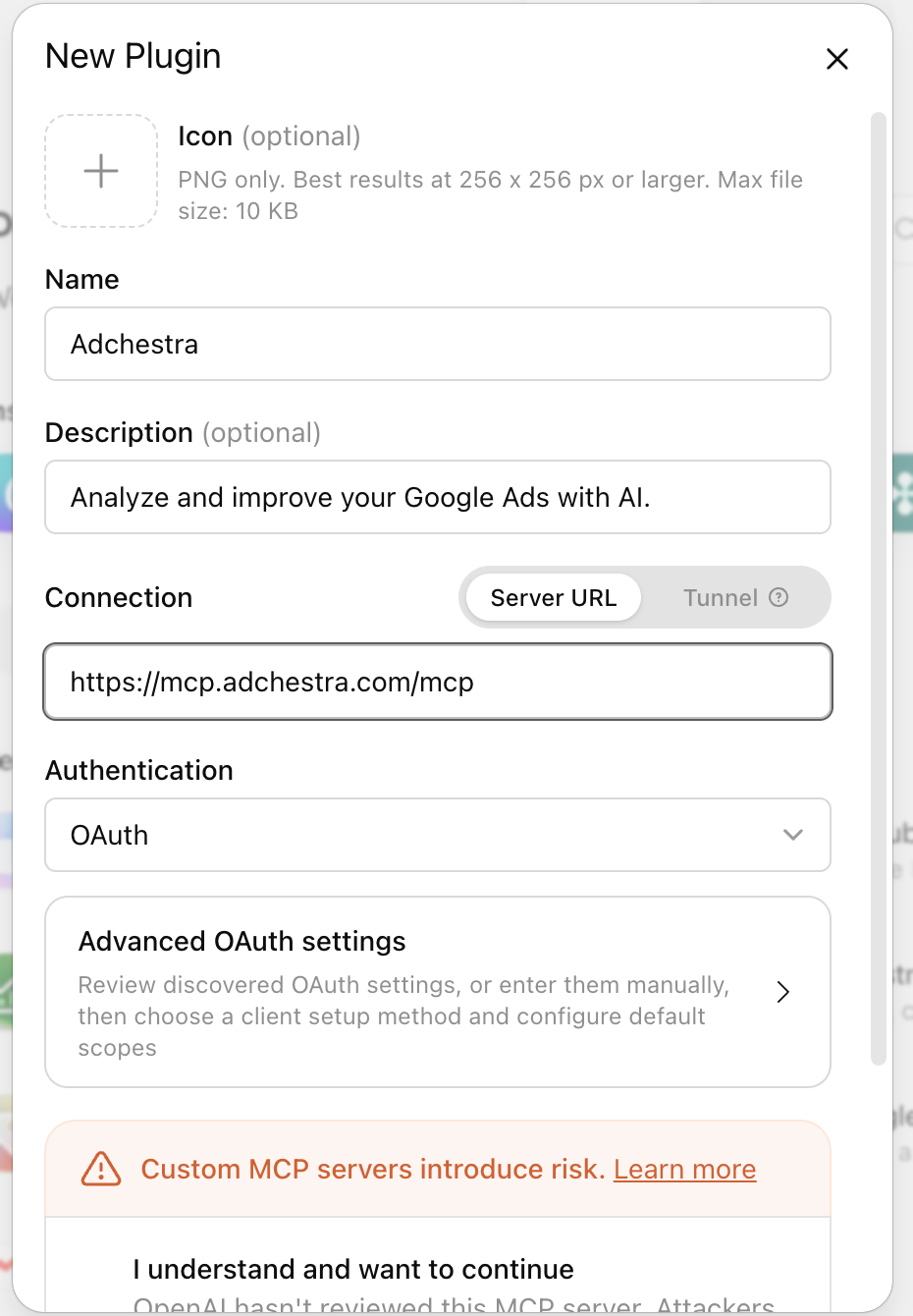 ChatGPT New Plugin form completed with Adchestra and the production MCP URL