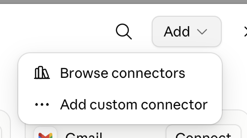 Claude Add menu with Add custom connector selected