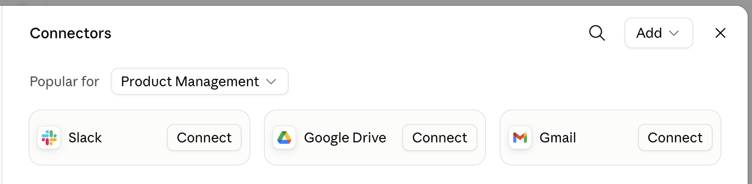 Claude Connectors settings with the Add button at the top