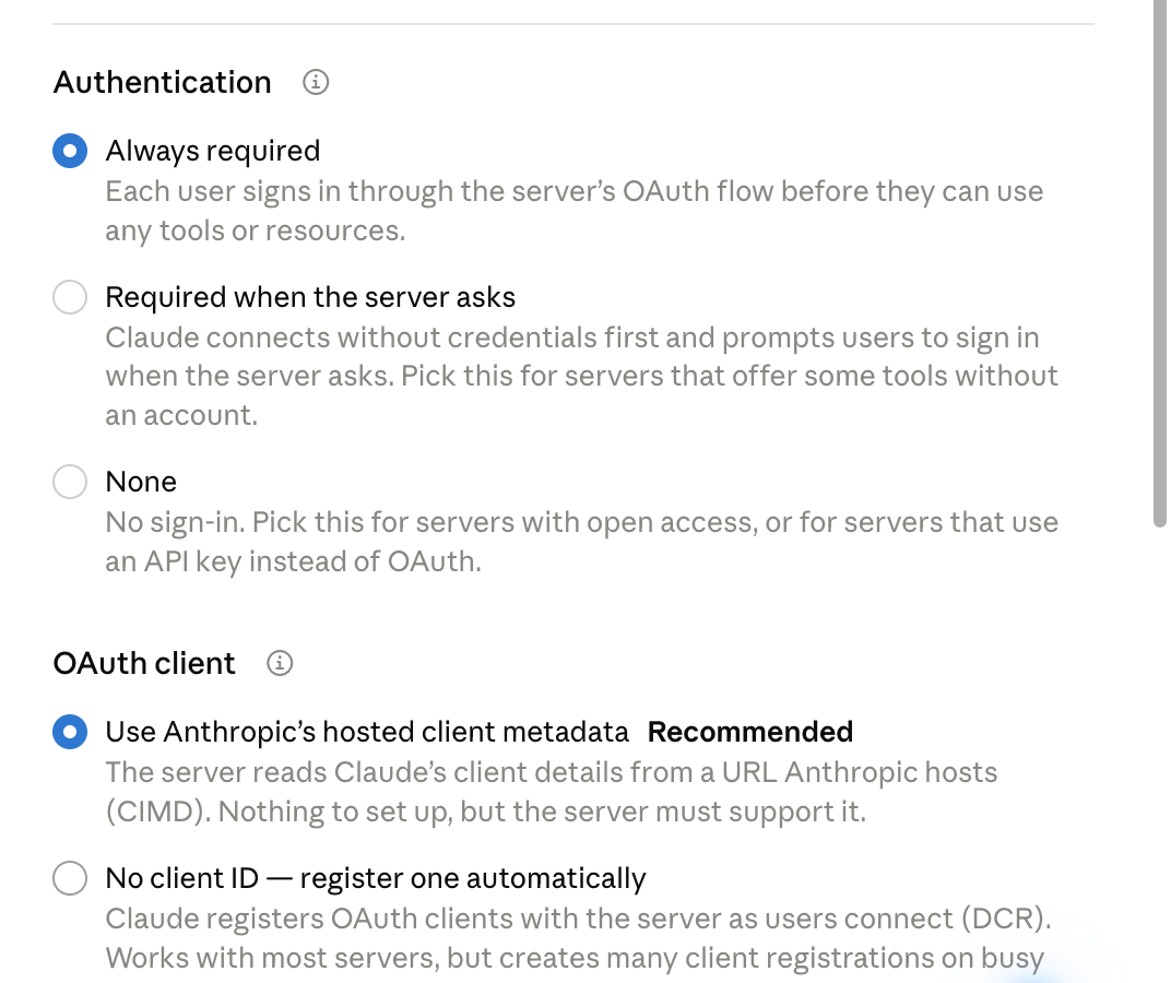 Claude custom connector settings with Always required authentication and Anthropic hosted client metadata selected