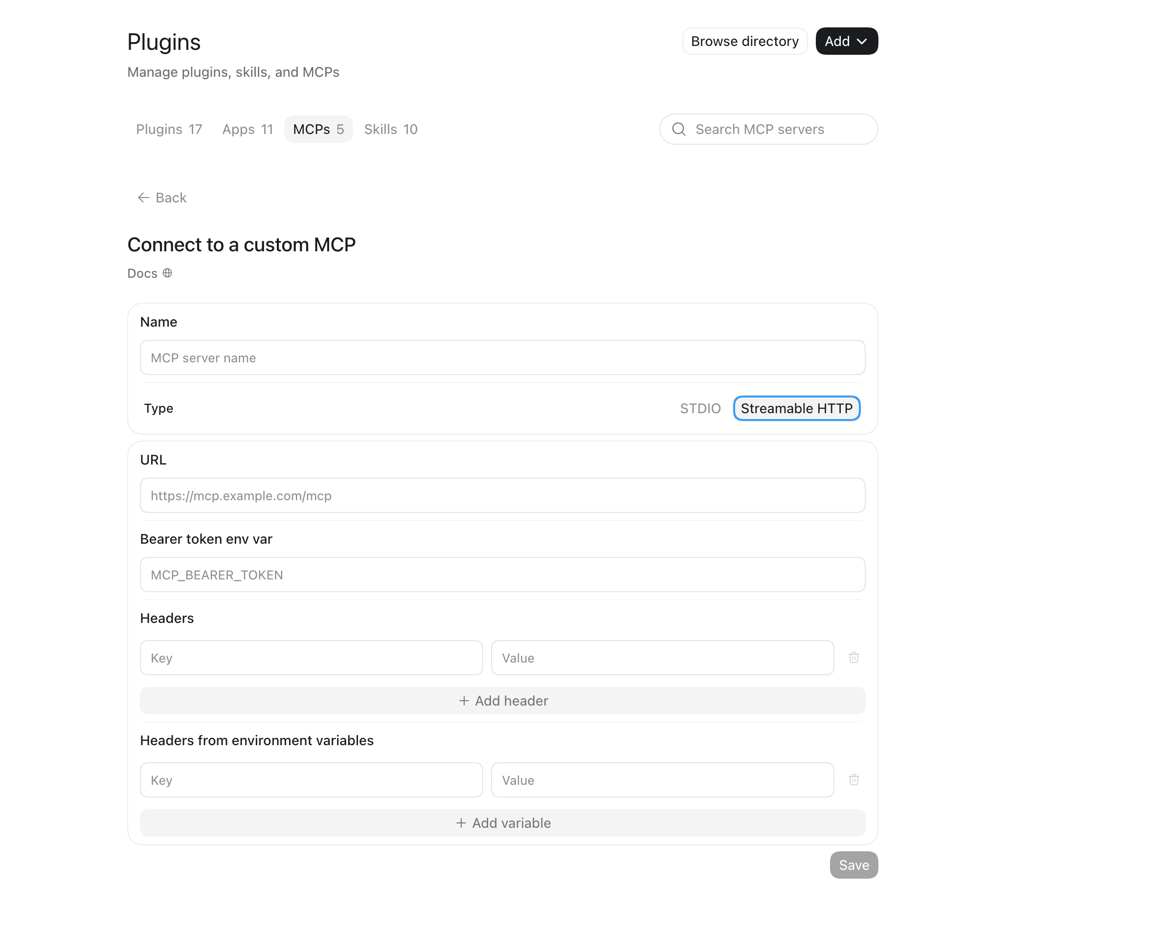 Connect to a custom MCP form with Name, Streamable HTTP and URL fields