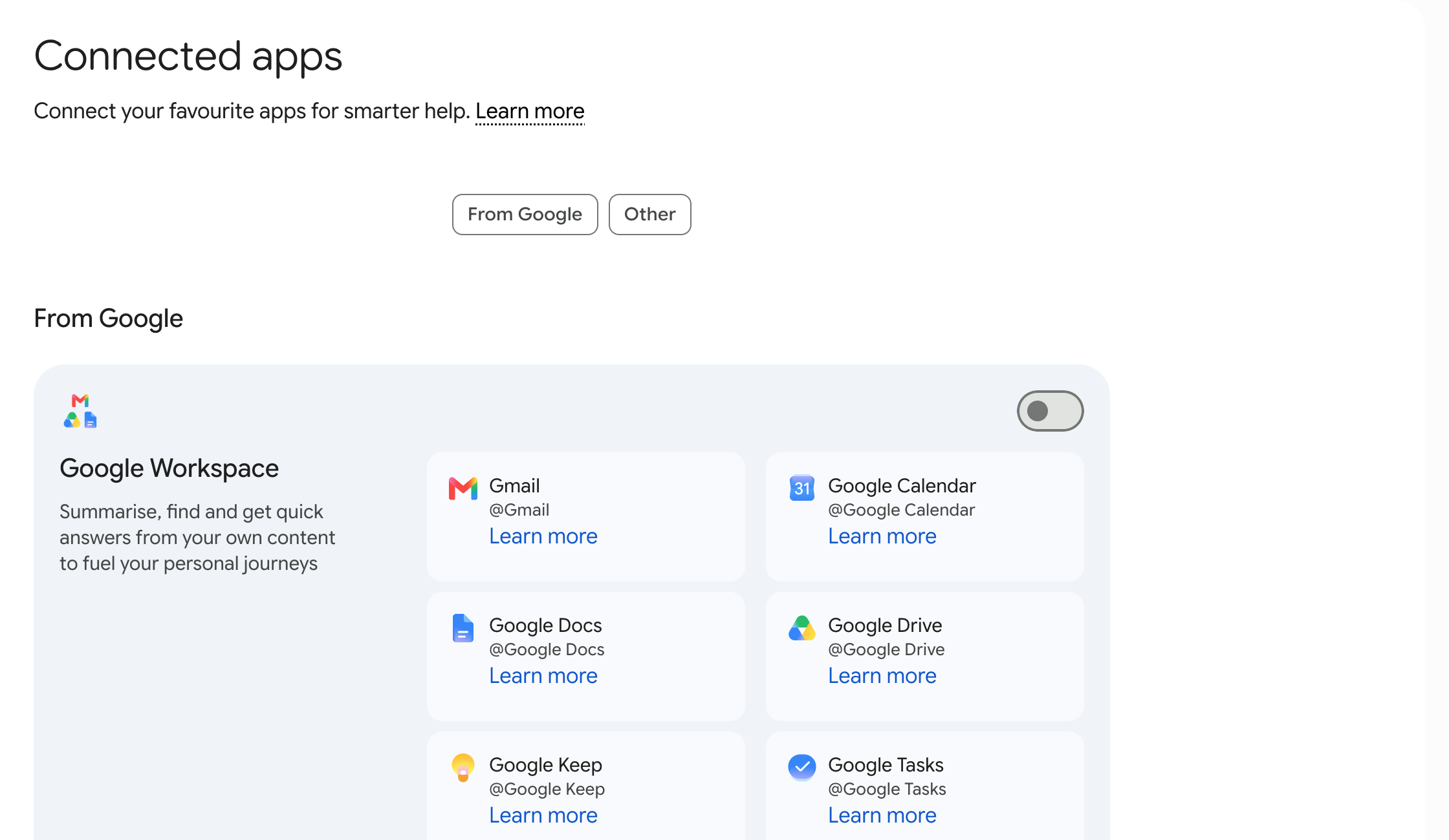 The Connected apps page in the standard Gemini web app