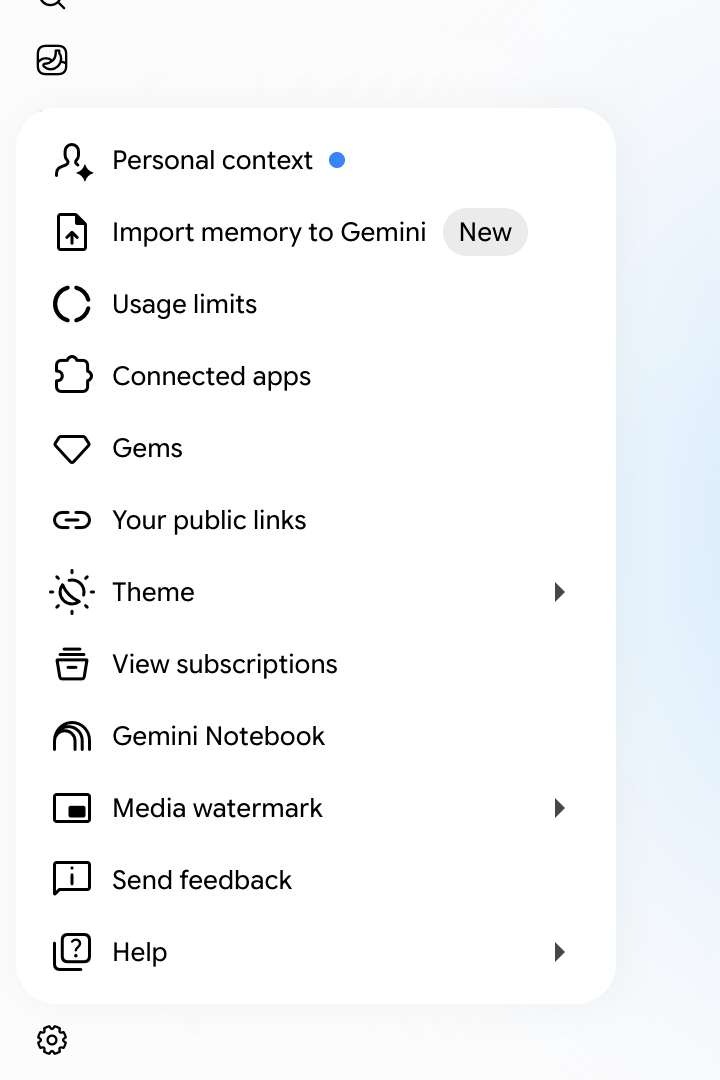 Gemini web Settings menu with Connected apps